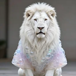 albino white lion with pastel translucent soap bubble textured clothing creative design, professional portrait photography, candid photography, unreal engine 5, highly detailed, accurate, character concept