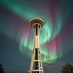 intense vivid aurora above space needle centered big sky film long exposure fuji velvia wide angle national geographic