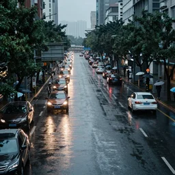 a beautiful city in rainy day, reflection on the roads, lots of light, cars, people with umbrella, cinematic