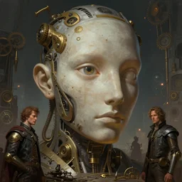 an epic illustration of consciousness emerging in a large language speech model ai humanoid head and one eye, in the style of greg rutkowski and drew struzan and algernon blackwood, realistic digital painting, brutalist futuristic, steampunk lighting