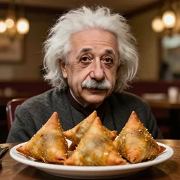 A photo of Albert Einstein with a plate full of Samosas, highly detailed, trending on artstation, bokeh, 90mm, f/1.4