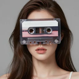 a portrait of a very beautiful goddess whose face is covered by a cassette tape, photorealistic, 8 k, trending on artstation, octane render