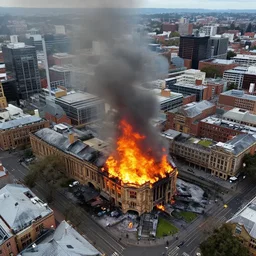 the university of melbourne parkville burning down, aerial drone footage