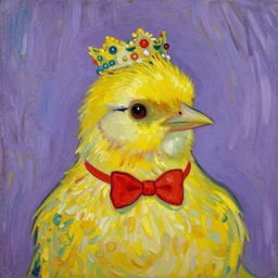 an elegant yellow bird with a red bow tie and a crown, painting by vincent van gogh, purple background, post-impressionism, high quality, detailed, 4k