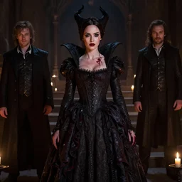 megan fox witch queen, black eyes, blood, full body, intricate victorian dress, middle shot, cinematic lighting, symmetrical eyes, caravaggio, joshua middleton, rafael albuquerque, charlie bowater, moody lighting, candles