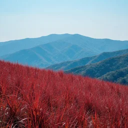 red grass, blue mountains