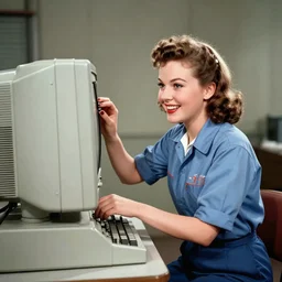 a film still of a 1 9 5 0's happy mechanic girl working to fix a giant computer, finely detailed features, full body mid shot, perfect art, in the garage, gapmoe yandere grimdark, trending on pixiv fanbox, painted by gaston bussiere, makoto shinkai, akihiko yoshida, gaston bussiere, craig mullins, studio ghibli