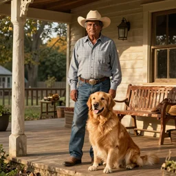 Indian man on the country western porch with his golden retriever by Steven Spielberg