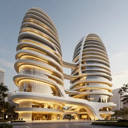 modern beautiful Saha Hadid building, hypermaximalistic, high details, cinematic, 8k resolution, beautifully detailed, insanely intricate details, artstation trending, octane render, unreal engine, bright lit interiors, warm yellow lights, golden hour,