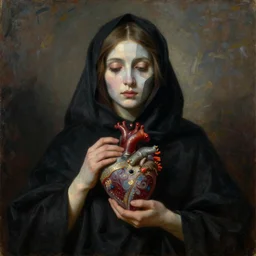 Oil painting of beautiful woman with segmented pale face in black cloth which holds surreal ornate heart in her hands, the long shot, dramatic lighting, high-detailed oil painting by Ilya Repin, masterpiece, 4k