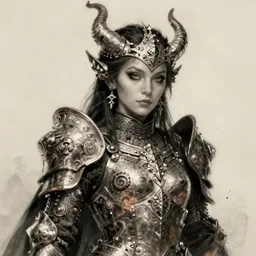 A portrait of a demon priestess wearing finely detailed armor forged by the ancient gods drawn by Kirbi Fagan high detail