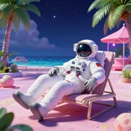 an astronaut lounging in a tropical resort in space in a vaporwave style