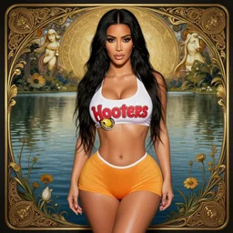 professional photo of kim kardashian wearing a hooters outfit, posed by a lake, intricate, elegant, highly detailed, cinematic, maxim, concept art, smooth, sharp focus, illustration, art by artgerm and greg rutkowski and alphonse mucha