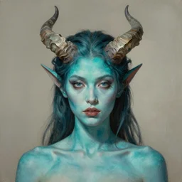 portrait of a female demon with cyan skin and horns, by gerald brom, and nikolay makovsky.