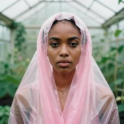 closeup portrait of a woman wrapped in pink cellophane, standing in an overgrown greenhouse, color photograph, by kehinde wiley, canon eos c 3 0 0, ƒ 1. 8, 3 5 mm, 8 k, medium - format print