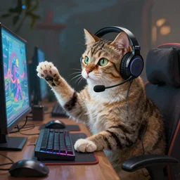A cat playing video games, uplifting , wearing a headset, fantasy, digital painting, trending on ArtStation, HDR shot,