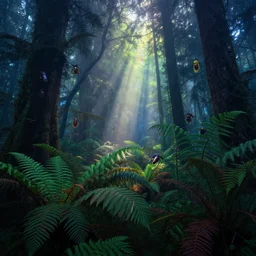 photograph of a dense mystic forest, mystic hues, breathtaking lights shining, psychedelic fern, tyndall effect, lantern fly, dense forest, foggy, 4k, Acid Pixie, by thomas kinkade