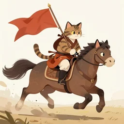 a warrior cat carrying his battle flag while riding a large steed cat that is galloping into battle