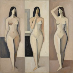 A modern abstract painting depicting three women figures in three different rooms doing different poses, pastel modern earthy neutral tones, interesting geometry