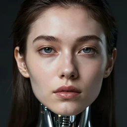 close - up portrait human face of beautiful young cybernetic woman, body metal skin, cyborg, art by tim walker