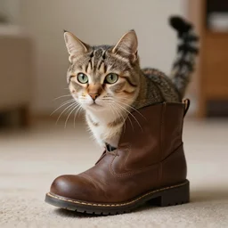A cat coming out of a boot, realistic, high definition, trending on artstation
