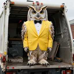 shredded physique feathered round neck beak Portrait of Henry James camouflaged as Owl whilst wearing a yellow tuxedo Standing atop a Garbage Truck Greg Rutkowski Vik Muniz clarence holbrook carter Andrew Wyeth Dan Witz