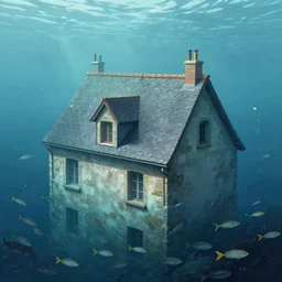 a typical european house with a slate roof, submerged under the water of the acean, school of fishes, scenic view, matte painting by christophe vacher and hubert robert, trending on artstation