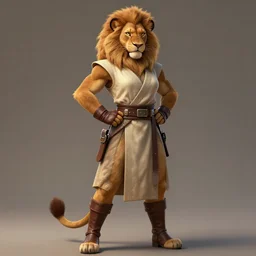 beautiful portrait of a strong female anthropomorphic lioness fursona with muscles wearing a sleeveless jedi robe. hand on hip. leather gloves. leather boots. leather belt. character design by charlie bowater, ross tran, artgerm, and makoto shinkai, detailed, soft lighting, rendered in octane