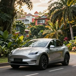 Tesla model y on the road in a beautiful lush tropical city