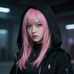 stunning  young cyberpunk girl + pink hair + black hoddy, mysterious, atmospheric, cinematic, Epic, 8k, 4k, ultra detail, ultra realistic, rendered by awesomeness