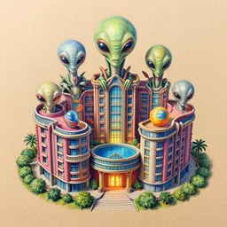Intricate five alien hotel, Colored pencil on paper, high detail, skin texture, photo realistic, hyperrealism,matte finish, high contrast, 3d depth, masterpiece, vivid and vibrant colors, Prismacolor Pencils,artstationhd