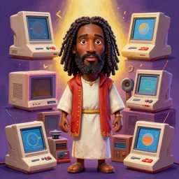 stylish caricature 3 d vfx drew struzan movie poster art of an african jesus christ surrounded by retro gaming consoles, art style by james jean & hsiao - ron cheng, unreal engine render, digital illustration, sharp, intricate detail, volumetric lighting, ray tracing, soft light, colourful, claymation style, ernie barnes style, symmetry, acrylic on canvas, pinterest, art