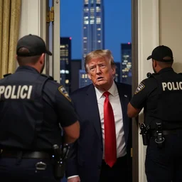 UHD candid color photo of a half-dressed, terrified Donald Trump hiding from FBI agents searching his apartment in Trump Tower, accurate faces,  UHD, photorealistic, correct face, photo by Getty Images no watermwark