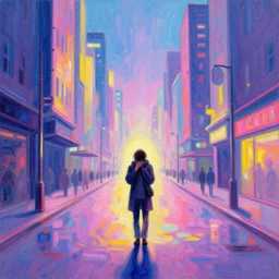 Heartbroken wanderer on the endlessly long and cosmic city streets. A concept of Melancholic Euphoric heartshine in the crush of oblivion. The vibrancy of nouveau is gilded with hollow-wishes. Trending on ArtStation. Vivid Pastel Gouache Painting.