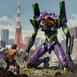 realistic landscape beautiful detailed matte painting of cinematic movie scene, evangelion versus kaiju in tokyo. action sequence, created by gustave dore and michaelangelo, high detailed, smooth draw, synthwave neon retrofuturism, intricate, realistic proportions, dramatic lighting, trending on artstation.