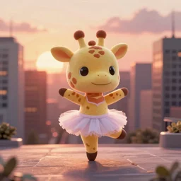 a cute cartoon giraffe toy wearing a ballet skirt, dancing ballet in the center of city, sunset, unreal engine, vray, 4 k