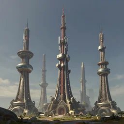 a group of strange looking communications towers, a detailed matte painting by Jason A. Engle, cgsociety, afrofuturism, matte painting, concept art, sci-fi