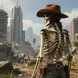 skeleton cowboy looking at a modern post - apocalyptic city, in game render, unreal engine, beautiful lighting, highly detailed
