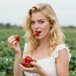 A beautiful Blonde Woman with Locks selling strawberries in the style of Sophie Anderson, Portrait