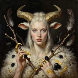a hyper detailed painting of an elegant 5 0 model, cow horns, eagle claws, blackberries, twigs, gold, sheep wool, surreal, absurd, chicken feathers, intricate, masterpiece, by anna podedworna, by miklos ligeti, by diego maricato, by taran fiddler, by antonino truisi, by chris reddie, by jinsung
