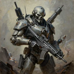 grim oil portrait painting of weaponized high technology, army, destruction, weapons and crafts, realistic shaded lighting, octaine rendering, wallpapper, magali villeneuve, trending on artstation