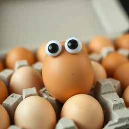a brown egg with googly eyes climbing out of a carton of eggs, ultrarealistic