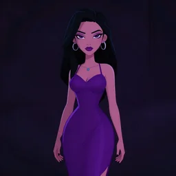 neo noir cell shaded woman in a purple dress, dark background, moody lighting