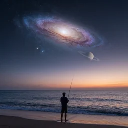 man standing on the beach fishing in the ocean a distant galaxy and a planet with rings visible in the dusk sky highly detailed photograph high resolution 8 k