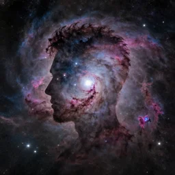 a nebula forms the silhouette of a man, stars as eyes, astrophotography, colorful