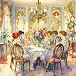 a beautifull intricate watercolor painting of a diningroom with flowers, reflexions, verry high details, colorfull, by william turner art, by greg rutkowski, by alphonse mucha, by james jean, by rossdraws, by frank franzzeta, by sakimichan, trending on artstation, very very detailed, masterpiece,
