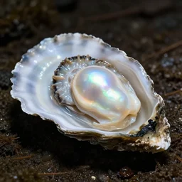 a big iridescent glow pearl in a giant xenomorph slimy oyster,