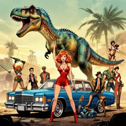 cadillacs and dinosaurs, game, pinup, weapons, dystopian, george miller, made by stanley artgerm lau, wlop, rossdraws, james jean, andrei riabovitchev, marc simonetti, yoshitaka amano, beksinski artstation, cgsociety