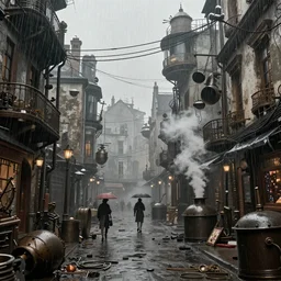 steampunk city streets in the rain by jean-honore fragonard, junk everywhere, wires hanging, steam, trending on artstation, octane render