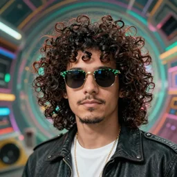 man with a curly mullet wearing pit viper sunglasses, trippy scene, epic